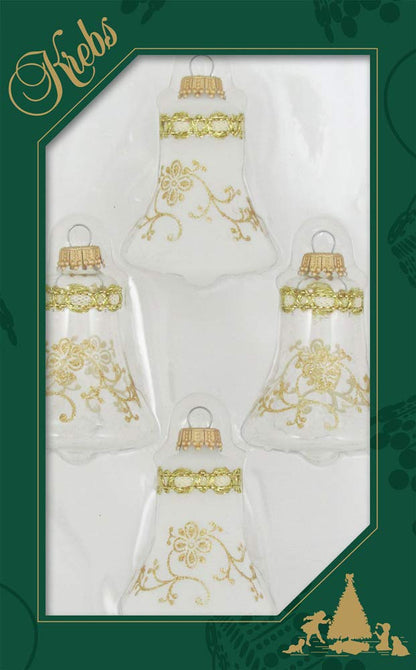 Adornos de campana con encaje y trenzas brillantes, transparentes y esmerilados en dorado - Juego de 4 piezas