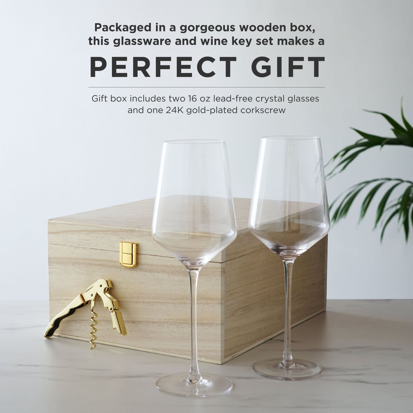 Crystal Wine Glasses and Gold Corkscrew Gift Set