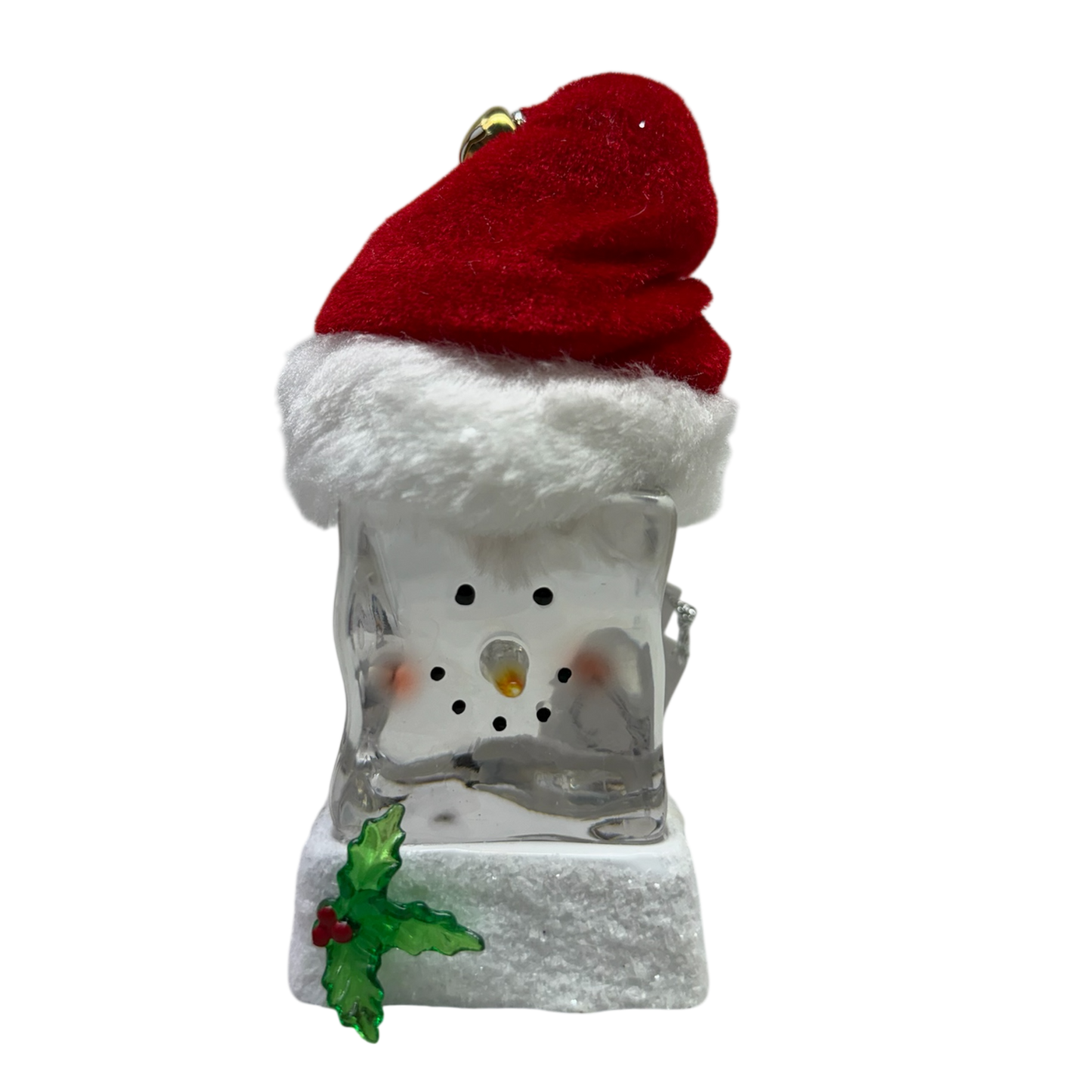 Lighted Snowman Cube Ornament by The Country Christmas Loft with red Santa hat and holly on base on Tampa Home & Garden Store