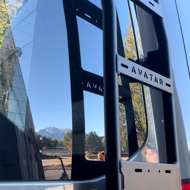 Sprinter van rear ladder by Avatar Offroad, black steel cargo ladder mounted at rear on Tampa Home & Garden Store