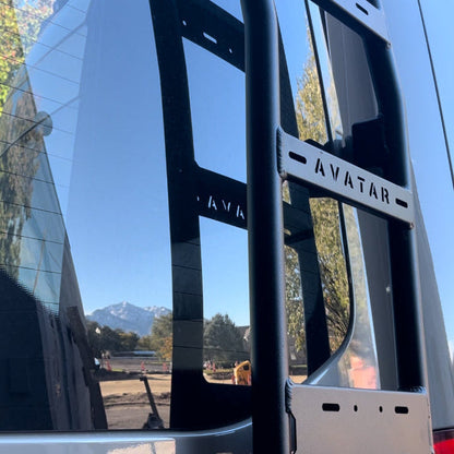 Sprinter van rear ladder by Avatar Offroad, black steel cargo ladder mounted at rear on Tampa Home & Garden Store