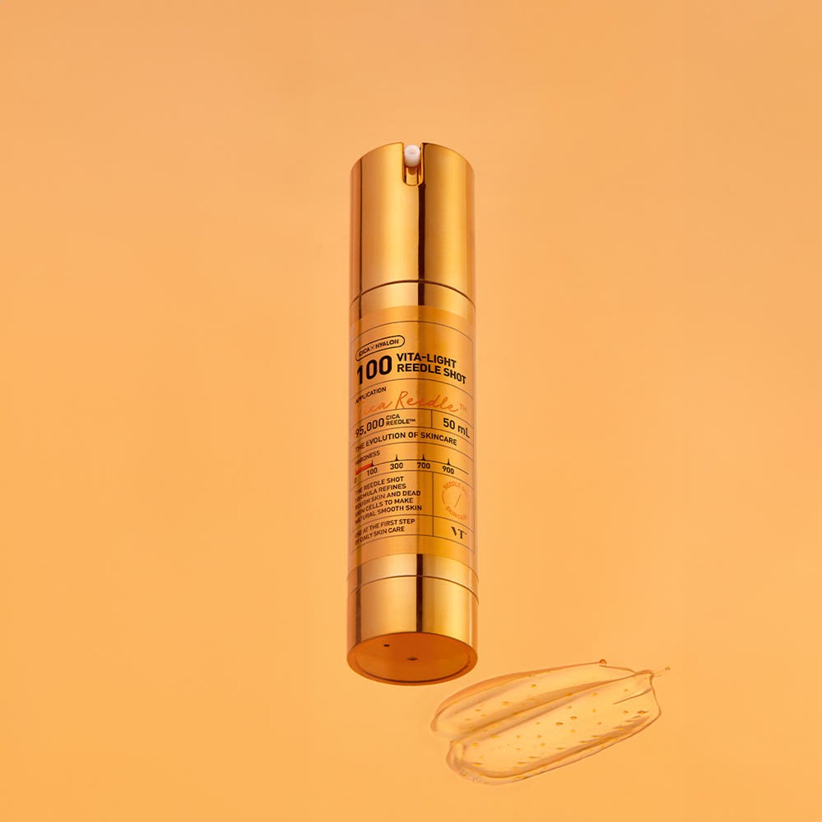 VT Vita-Light Reedle Shot 100 50ml facial essence bottle by Seoulia, gold pump-top serum swatch on Tampa Home & Garden Store