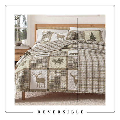 Plaid Lodge Quilt Set and Reversible Bear Design
