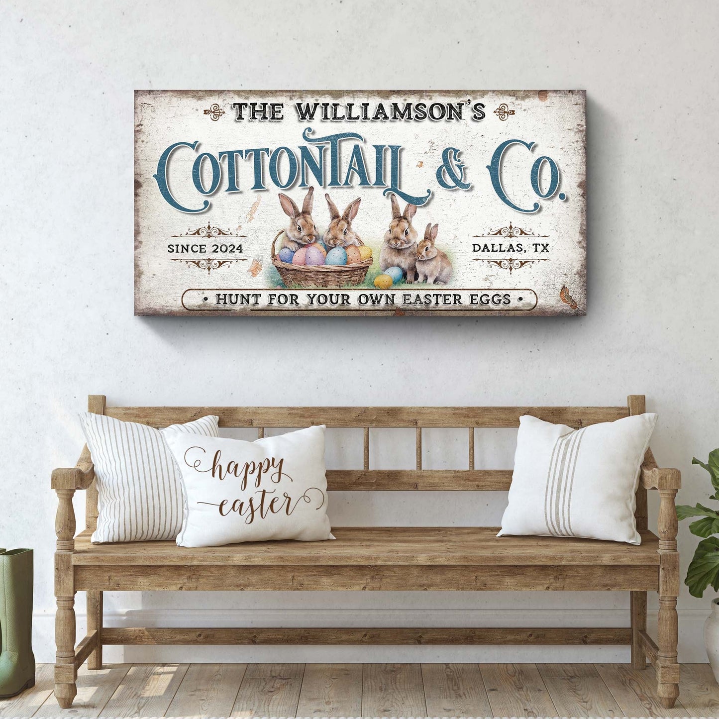 Vintage Easter Sign II canvas by Tailored Canvases with rabbits and a basket of pastel Easter eggs on Tampa Home & Garden Store