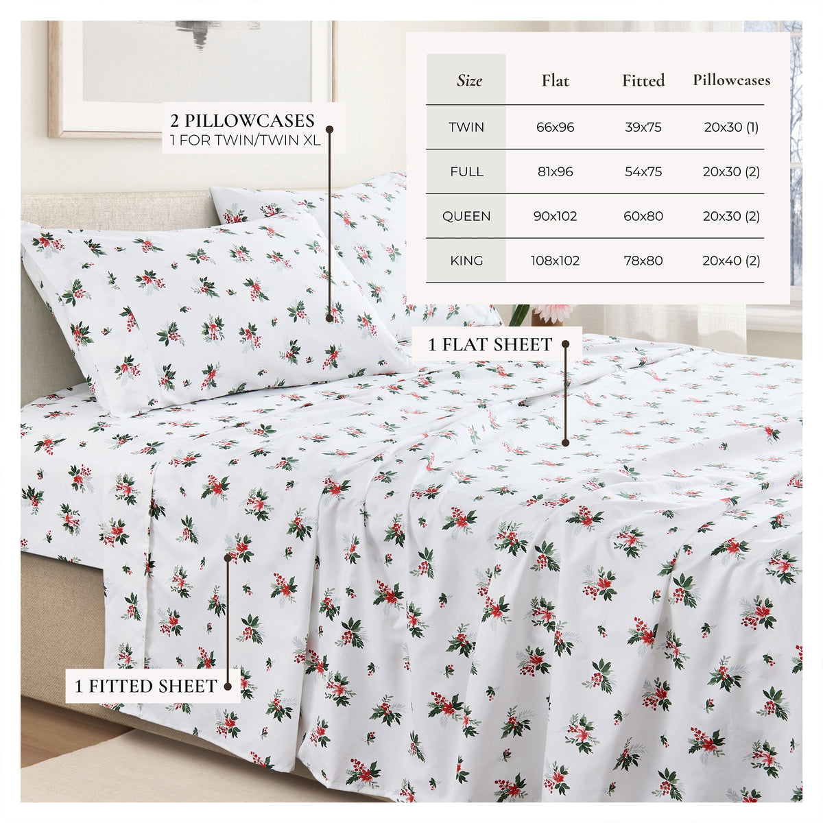 Printed Sheet Set Baylor Collection floral white with red berries by Great Bay Home on Tampa Home & Garden Store