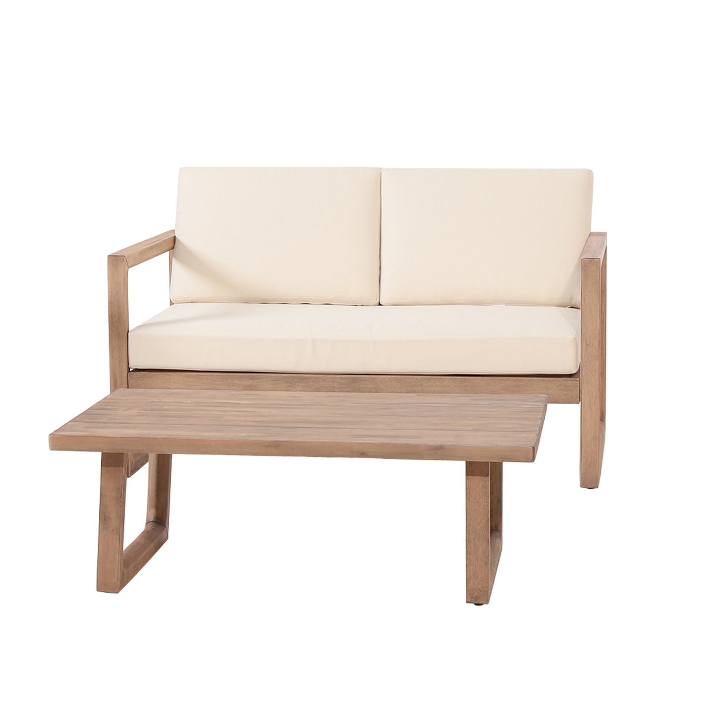 Outdoor acacia wood loveseat and coffee table set with beige cushions, 2-piece by HouseOfZazla on Tampa Home & Garden Store