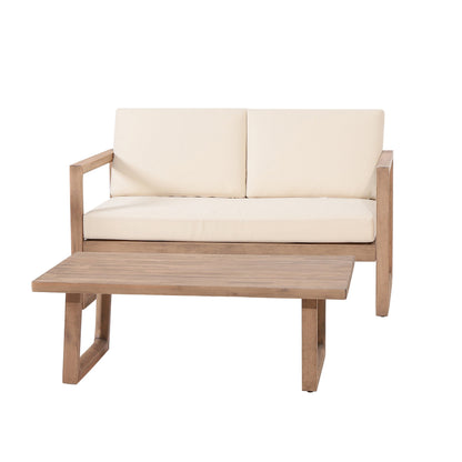 Outdoor acacia wood loveseat and coffee table set with beige cushions, 2-piece by HouseOfZazla on Tampa Home & Garden Store