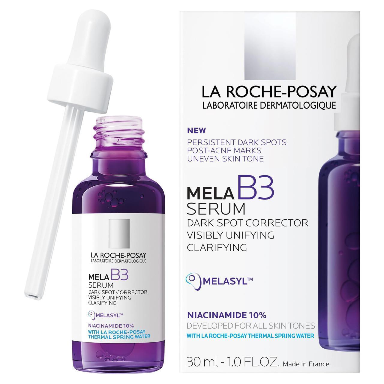 La Roche-Posay MELA B3 Serum 30ml bottle with dropper beside box, purple dark spot serum on Tampa Home & Garden Store