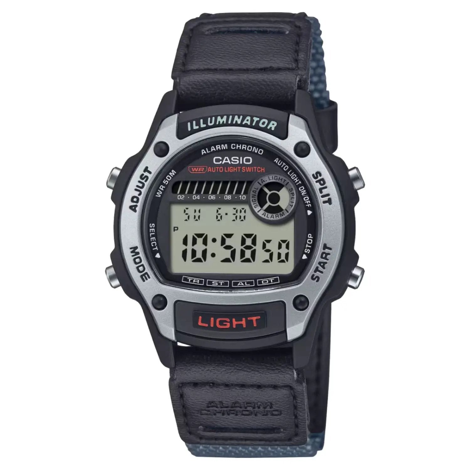 Casio men's digital watch with black leather strap, gray bezel, and Illuminator display on Tampa Home & Garden Store