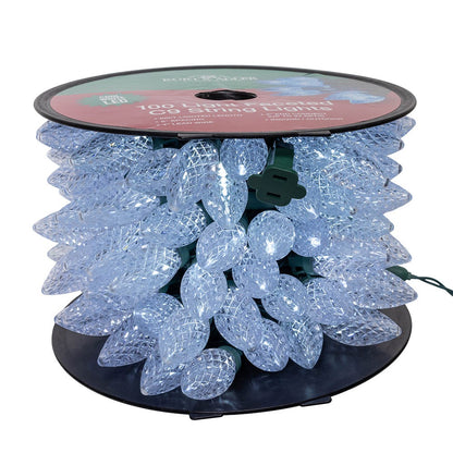 100-Light Cool White LED Faceted C9 Green Wire String Lights