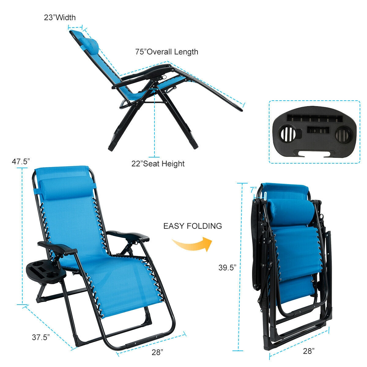 Sillón reclinable grande con portavasos de alta resistencia para exteriores - Azul