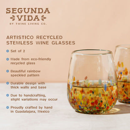 Pair of Recycled Multicolor Stemless Wine Glasses