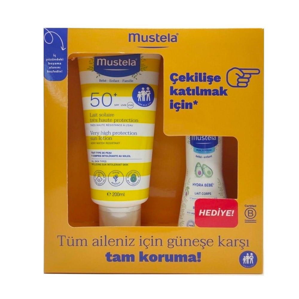 Mustela SPF50+ sunscreen lotion for babies & adults in a yellow gift-set box with 2 items on Tampa Home & Garden Store