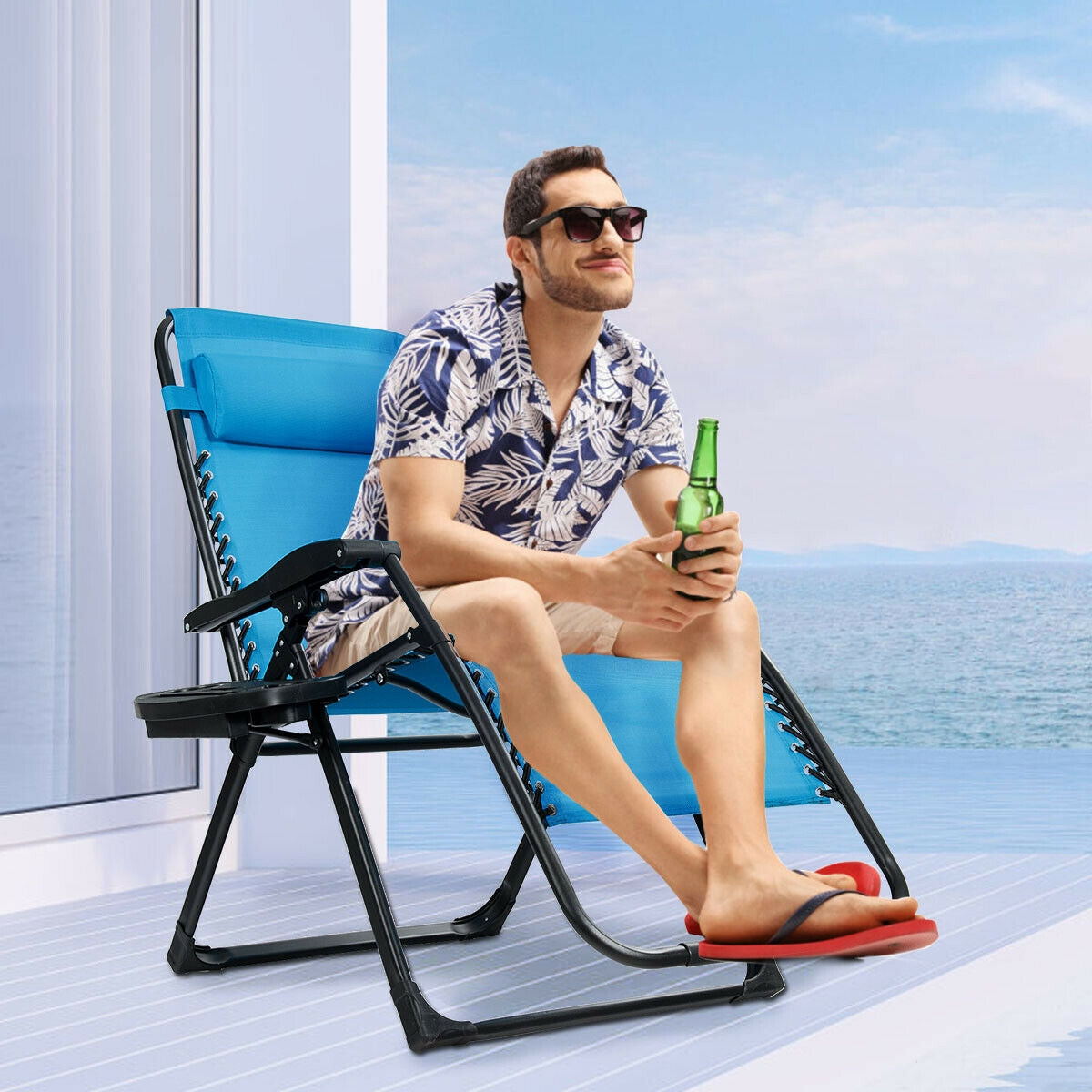 Sillón reclinable grande con portavasos de alta resistencia para exteriores - Azul
