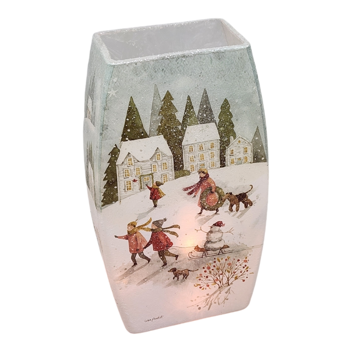 Lighted Glass Vase - Magical Winterland - Three Houses - 7¾ Inches tall