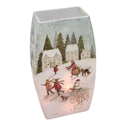 Vase en verre lumineux - Paysage hivernal magique - Trois maisons - 19,7 cm de hauteur