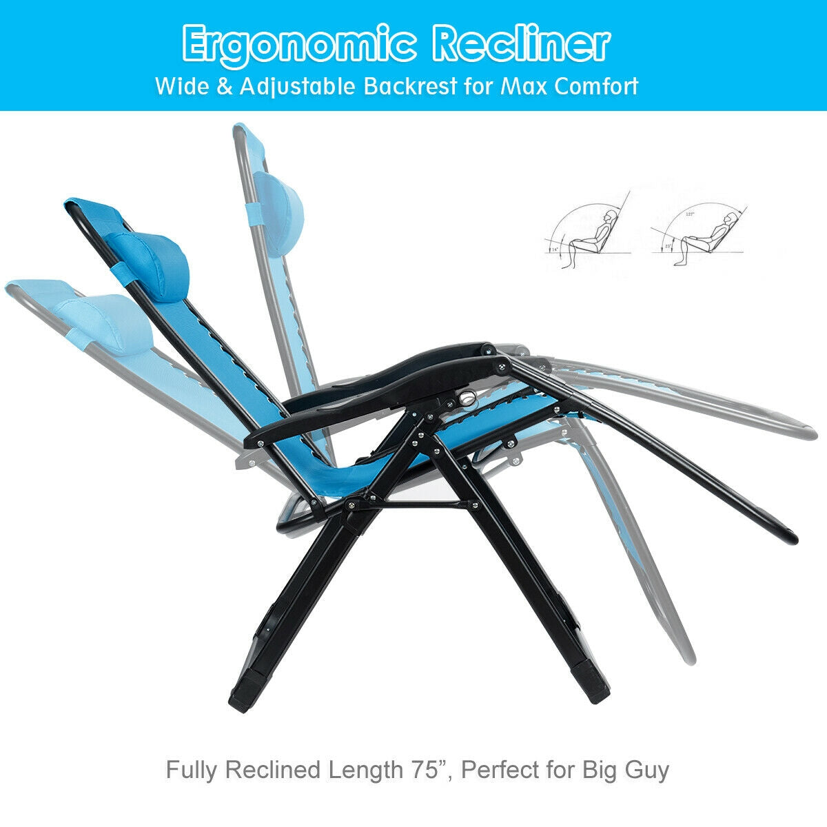 Sillón reclinable grande con portavasos de alta resistencia para exteriores - Azul