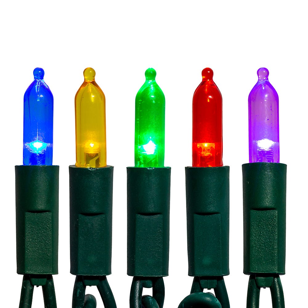 50-Light Miniature LED Christmas Light Set with five-color bulbs on green wire on Tampa Home & Garden Store