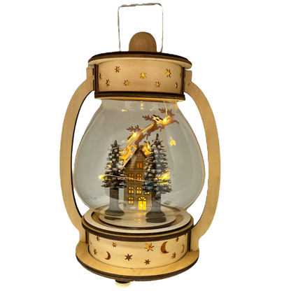 Lanterne musicale en bois et verre à remontoir lumineuse B/O - Le Père Noël survole la maison