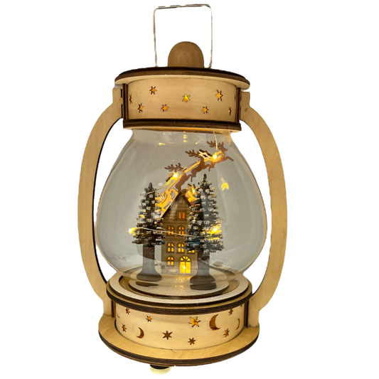 B/O Lighted Wind Up Musical Wood Glass Lantern - Santa Flying  Over House - Tampa Home & Garden Store
