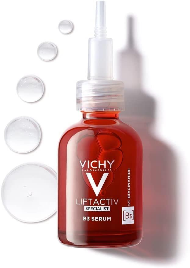 Vichy LiftActiv B3 Serum face serum bottle in red glass with white pump, droplets beside on Tampa Home & Garden Store
