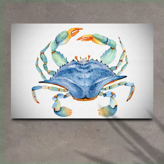Crab Watercolor Canvas Wall Art IV featuring a blue-green crab on white textured canvas on Tampa Home & Garden Store