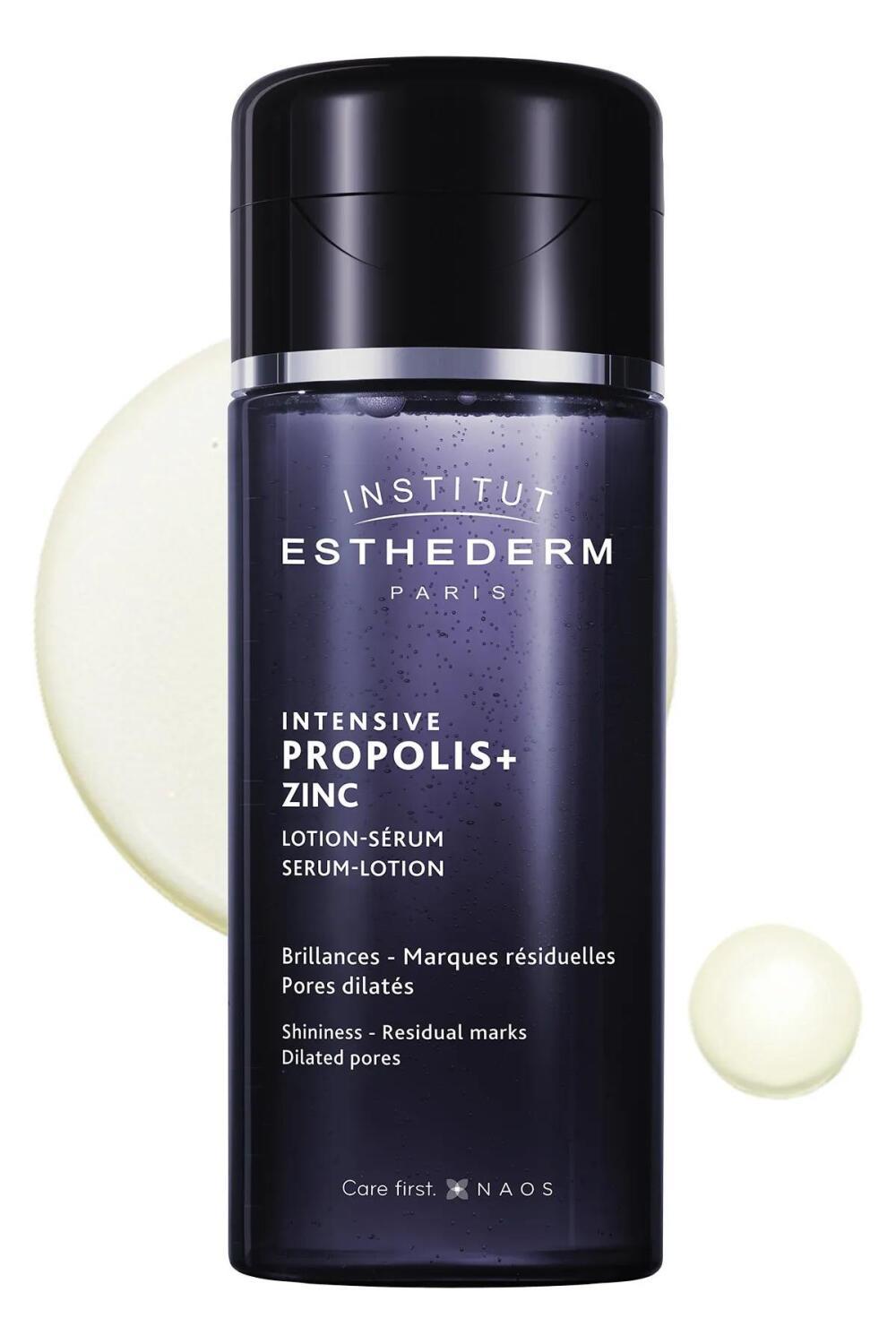 Institut Esthederm Intensive Propolis+ Zinc Lotion-Serum bottle in dark blue with pump on Tampa Home & Garden Store