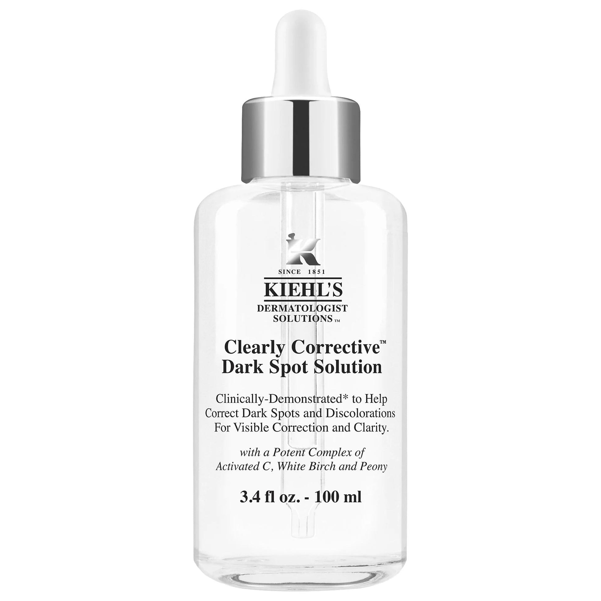 Kiehl's Clearly Corrective Dark Spot Solution serum in clear bottle with silver dropper on Tampa Home & Garden Store
