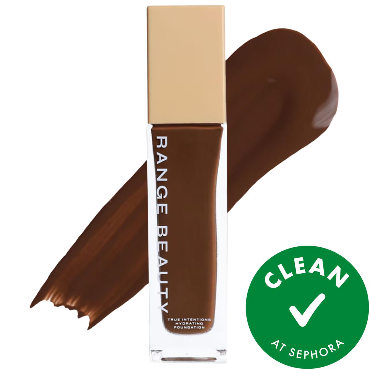 True Intentions Hydrating Foundation bottle by Beauty Care Bag oil-free vegan swatch behind on Tampa Home & Garden Store