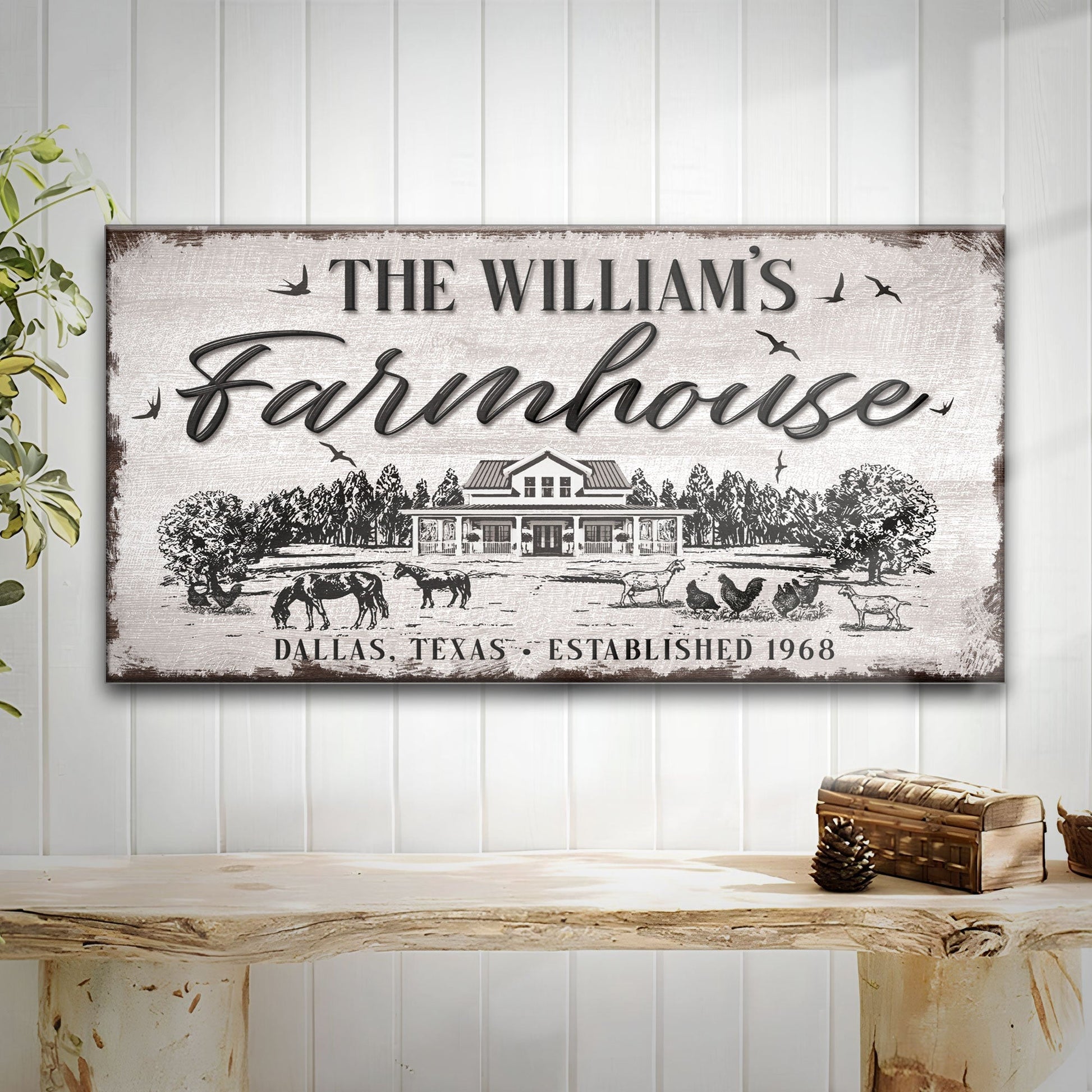 Canvas Custom Farmhouse Sign by Tailored Canvases; rustic farmhouse scene with birds on Tampa Home & Garden Store