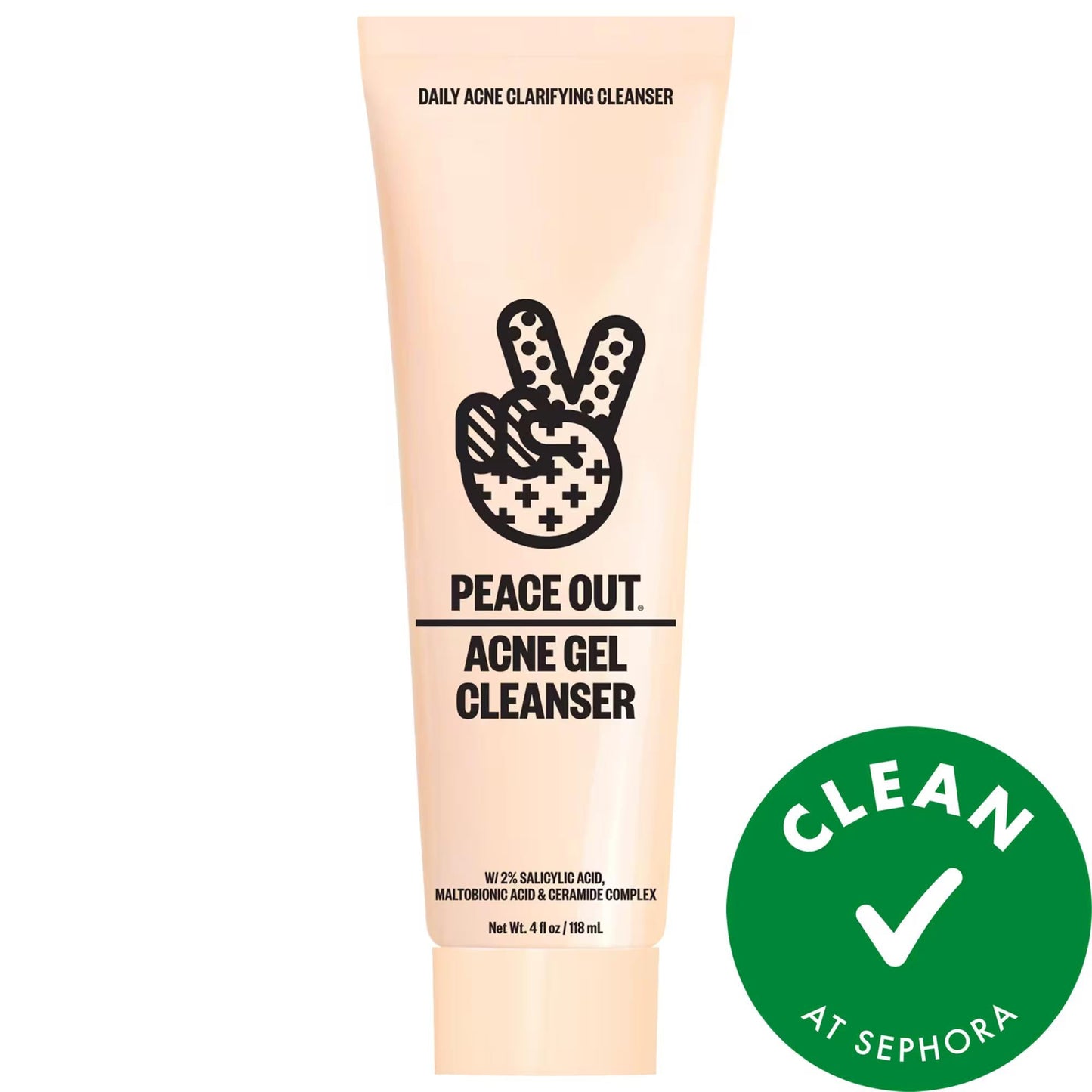 Peace Out Acne Gel Cleanser tube with peace-sign graphic on soft pink packaging on Tampa Home & Garden Store