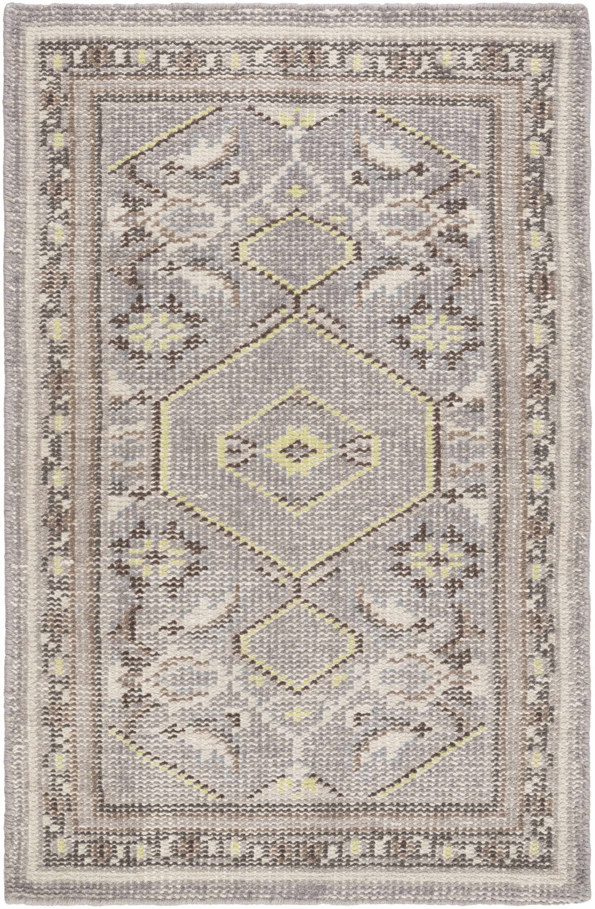 Walden Area Rug by Boutique Rugs, clearance gray-taupe geometric medallion with yellow accents on Tampa Home & Garden Store