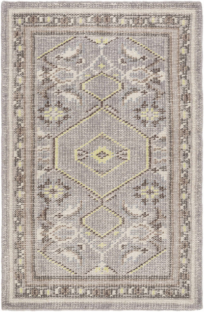 Walden Area Rug by Boutique Rugs, clearance gray-taupe geometric medallion with yellow accents on Tampa Home & Garden Store