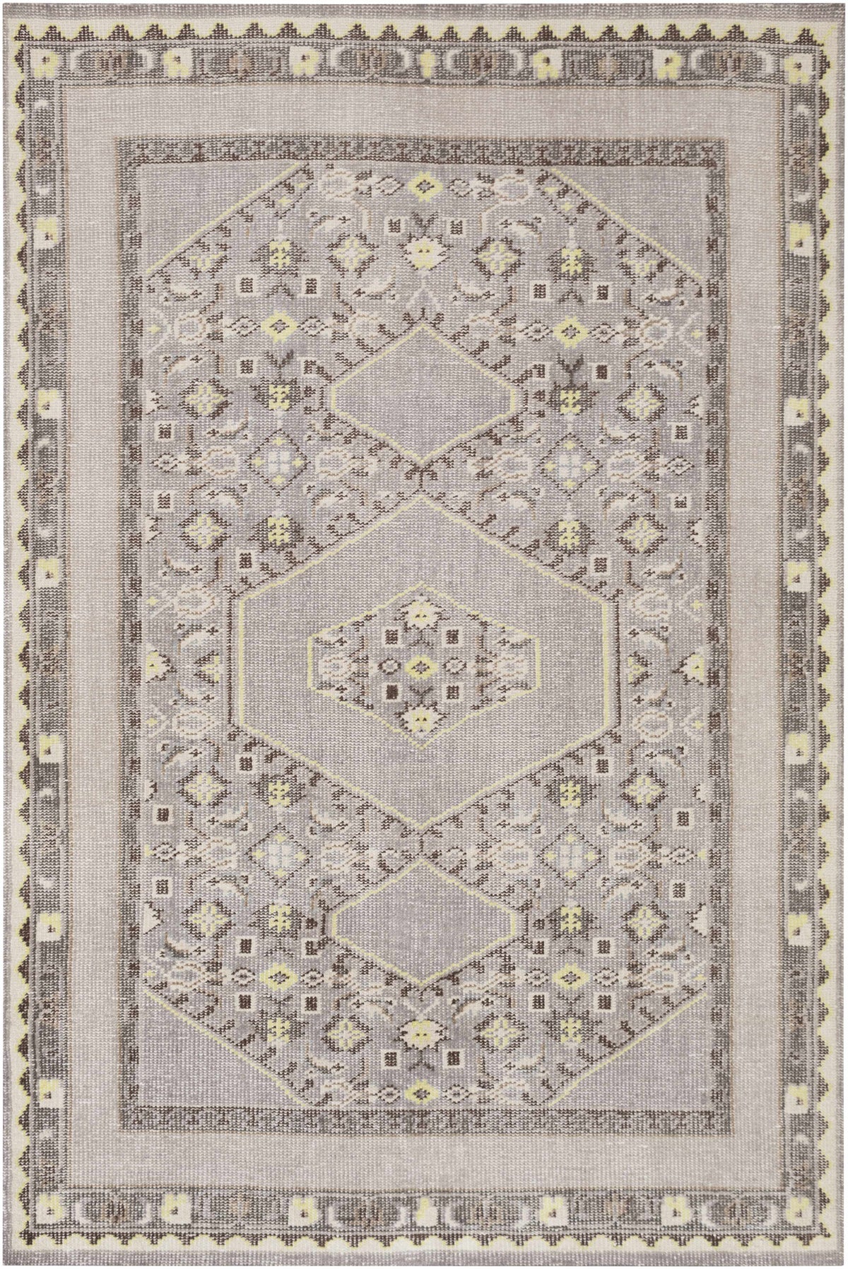 Walden Area Rug by Boutique Rugs, clearance, geometric medallion in soft gray with pale yellow accents on Tampa Home & Garden Store