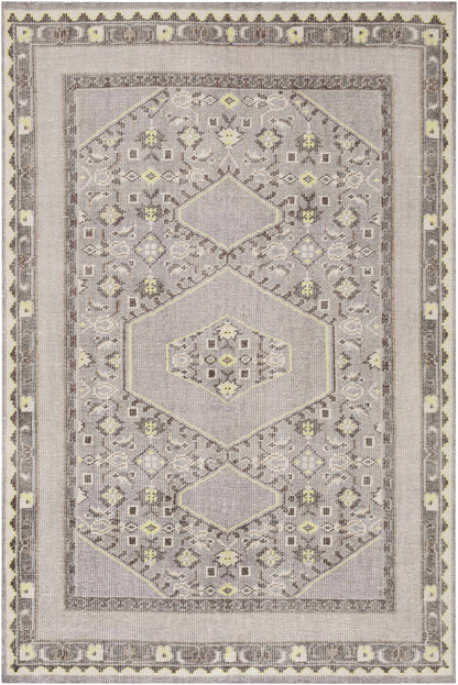 Walden Area Rug by Boutique Rugs, clearance, geometric medallion in soft gray with pale yellow accents on Tampa Home & Garden Store