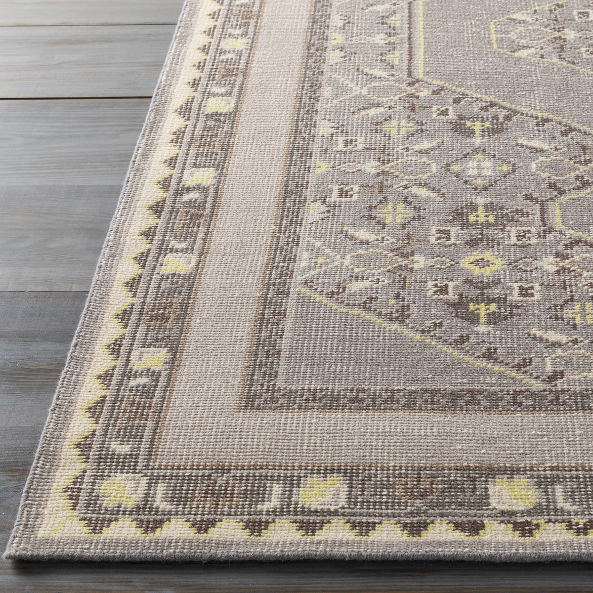 Walden Area Rug from Boutique Rugs in muted beige with brown border and yellow accents on Tampa Home & Garden Store