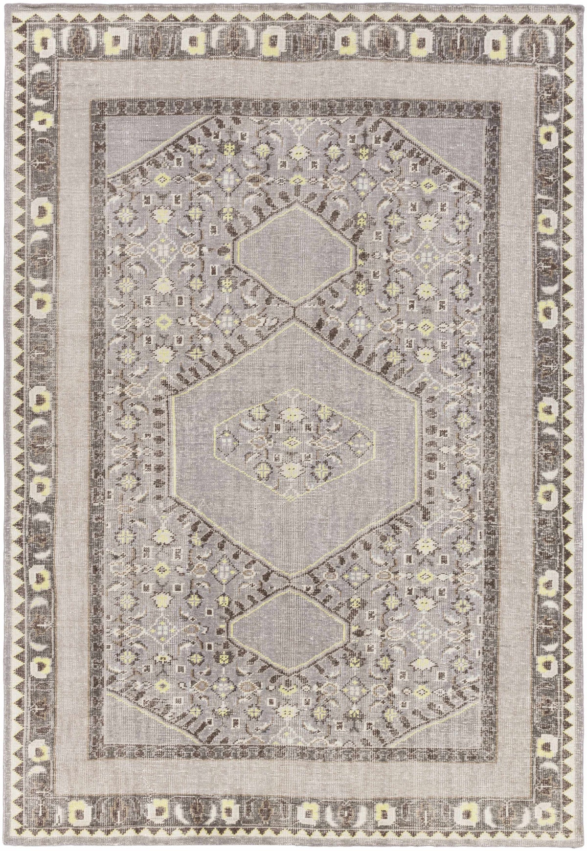 Walden Area Rug by Boutique Rugs in muted gray beige with hexagonal medallions and bordered edge on Tampa Home & Garden Store
