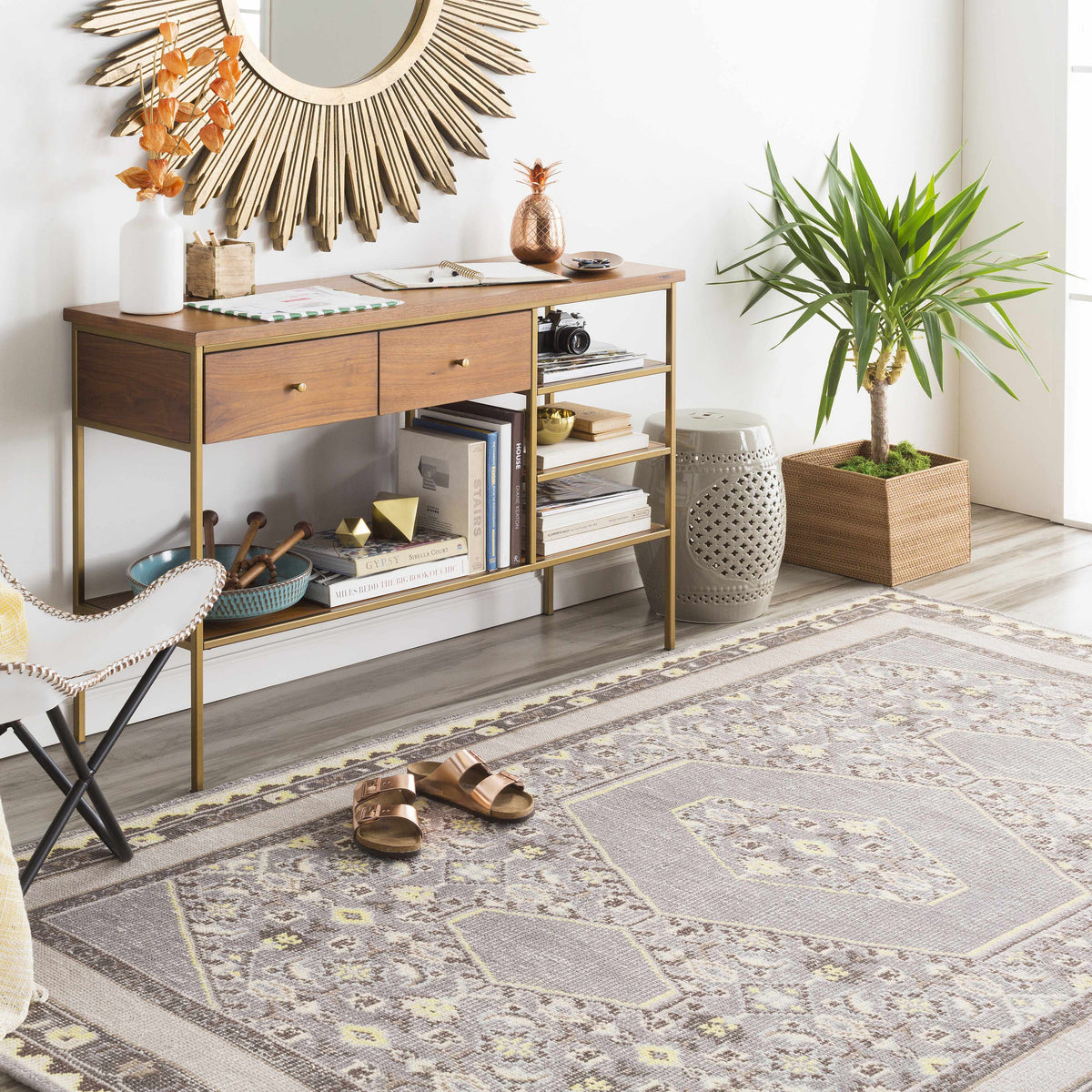 Walden Area Rug by Boutique Rugs in gray with muted yellow accents, geometric border pattern on Tampa Home & Garden Store