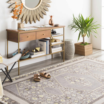 Walden Area Rug by Boutique Rugs in gray with muted yellow accents, geometric border pattern on Tampa Home & Garden Store