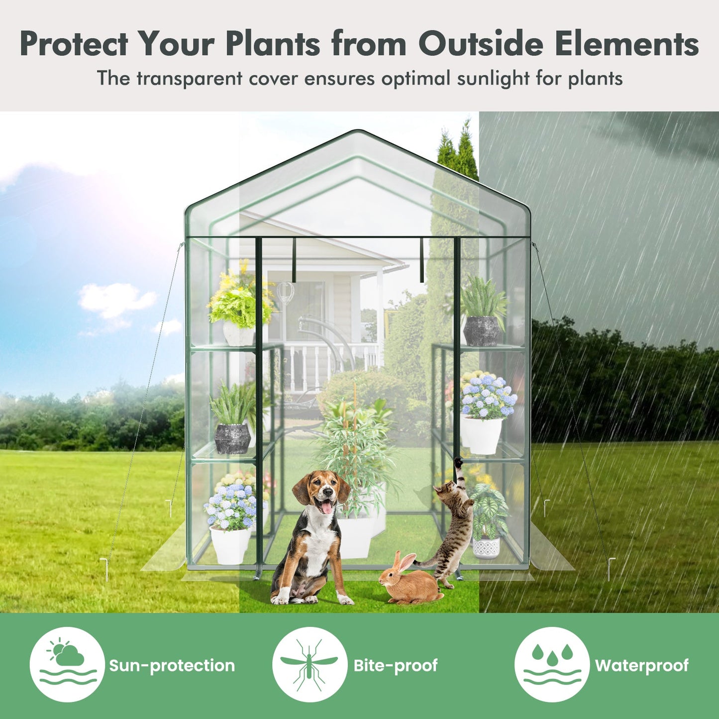 Walk-in Greenhouse with 3 Tiers 8 Shelves PVC Cover Roll-up Zippered Door