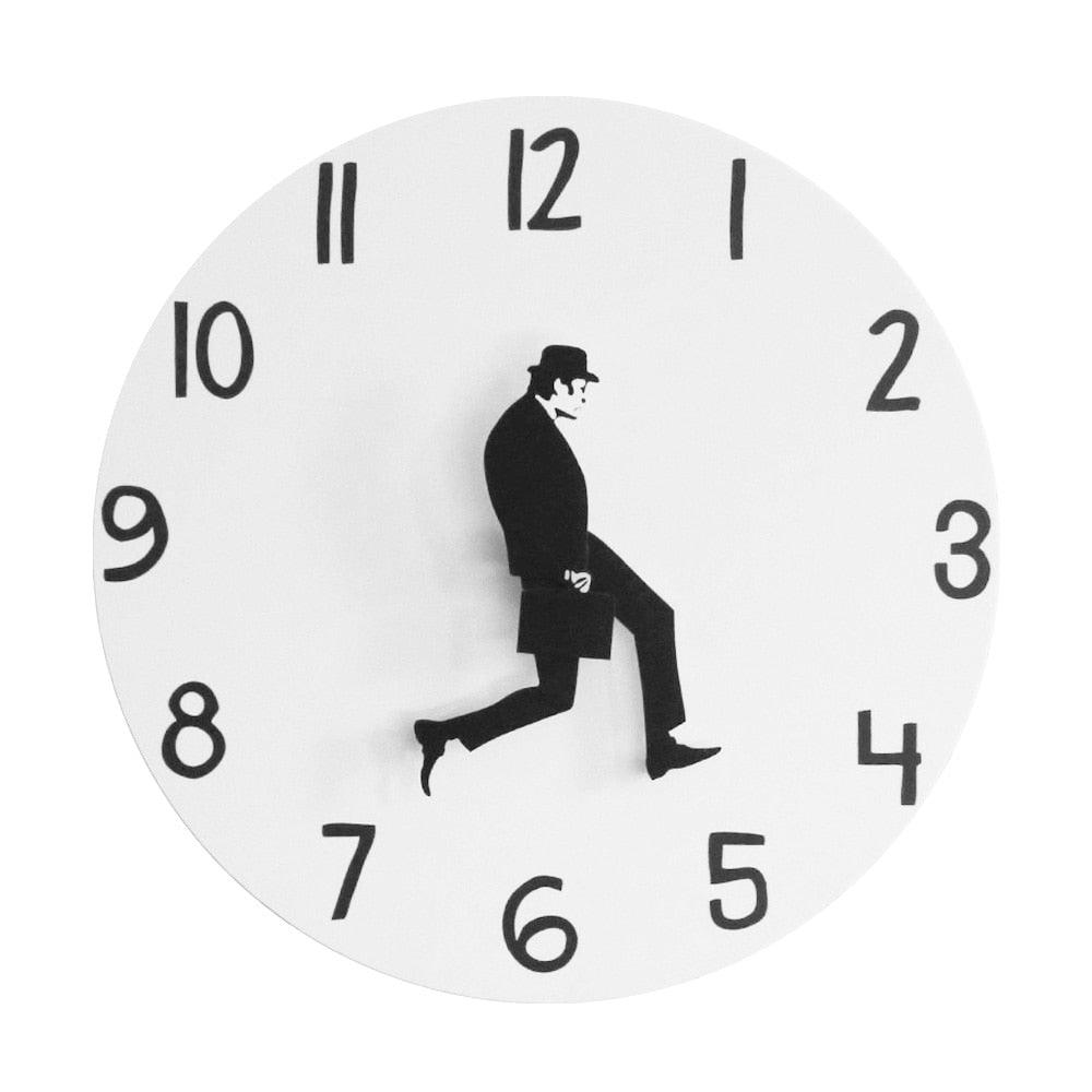Wall clock with walking gentleman silhouette on white face, Stevvex novelty silent movement on Tampa Home & Garden Store