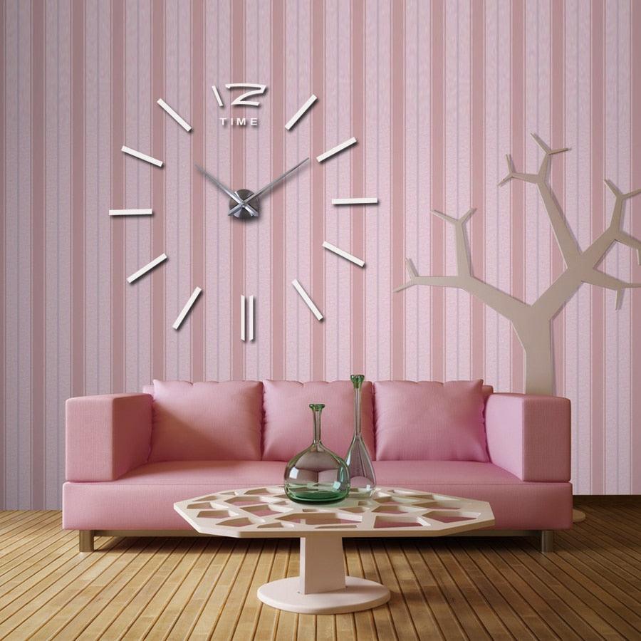 Wall clock 3D frameless acrylic with white hour markers and silver hands on pink wall on Tampa Home & Garden Store