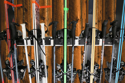 Wall Rack Holds Skis and Snowboard Gear Safely