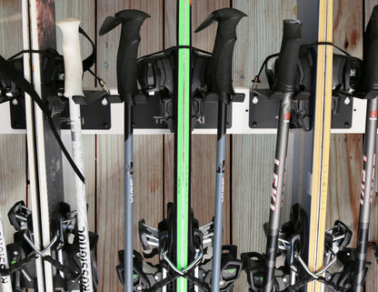 Wall Rack Holds Skis and Snowboard Gear Safely