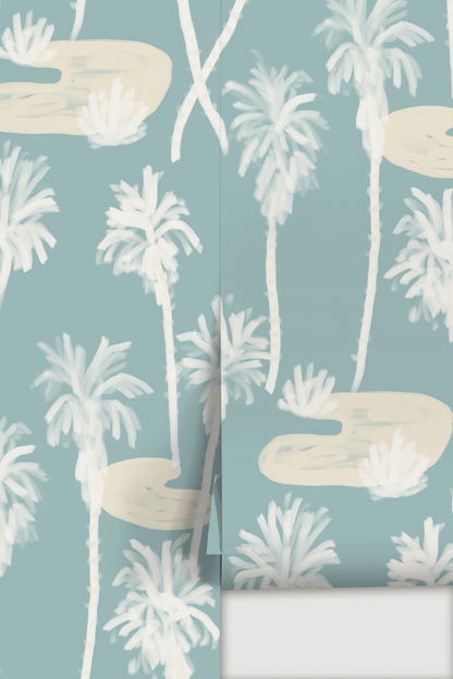 Papel pintado Palm Oasis, azul y blanco