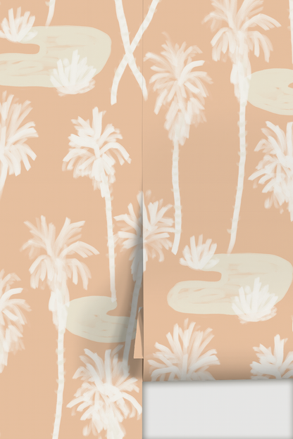 Palm Oasis Wallpaper, peach and white
