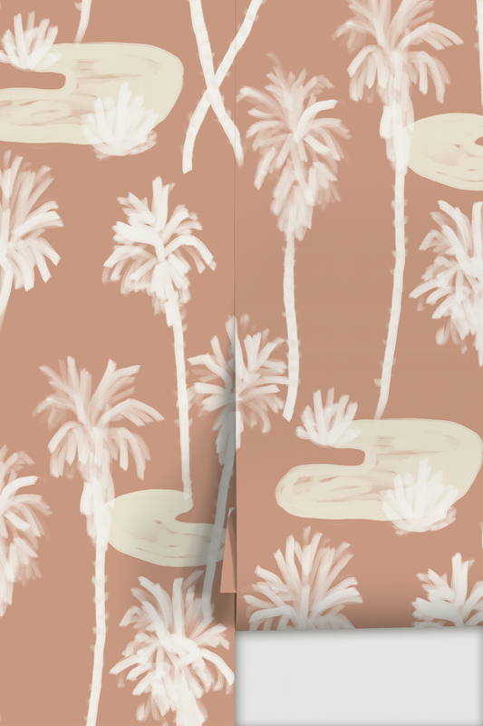 Palm Oasis Wallpaper, terra cotta and white - Tampa Home & Garden Store