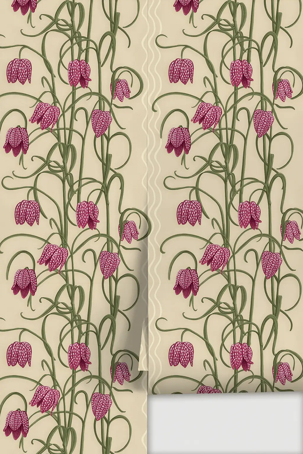 Campanas wallpaper tan with magenta bellflowers and green vines Samantha Santana Creative on Tampa Home & Garden Store