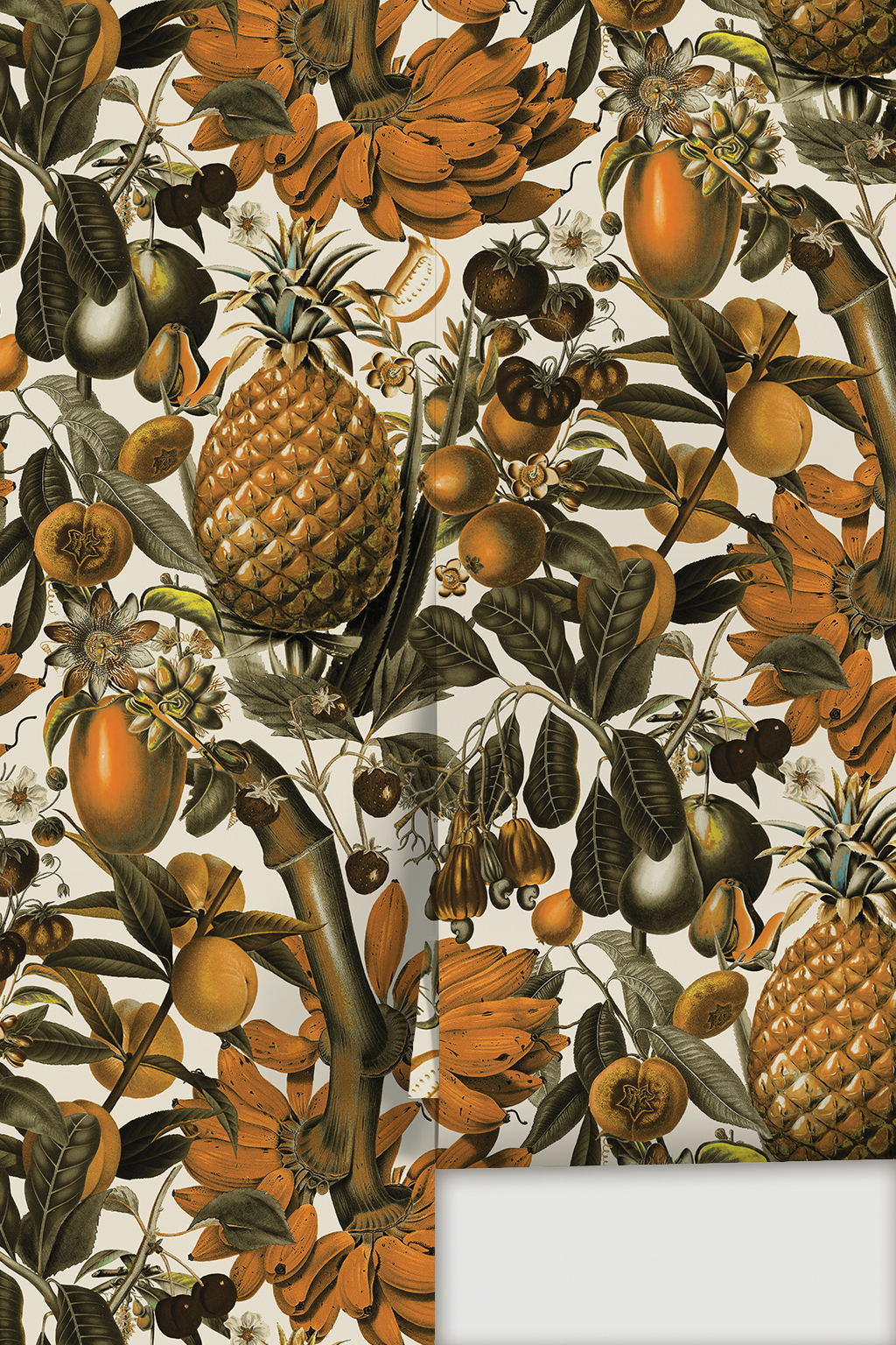 Papel pintado de frutas jugosas, blanco y mostaza