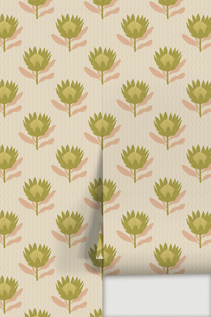 Papier peint King Protea, beige et olive
